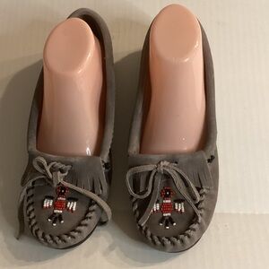 Minnetonka Gray Moccasins with Beaded Accent